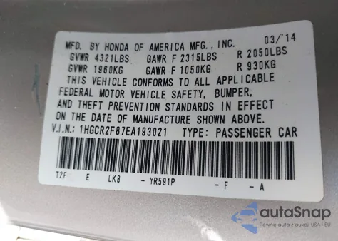2014 Honda Accord Ex-L from USA, damaged, VIN 1HGCR2F87EA193021